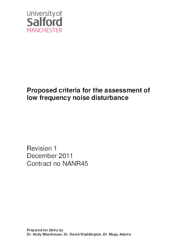 Proposed criteria for the assessment of low frequency noise disturbance Thumbnail