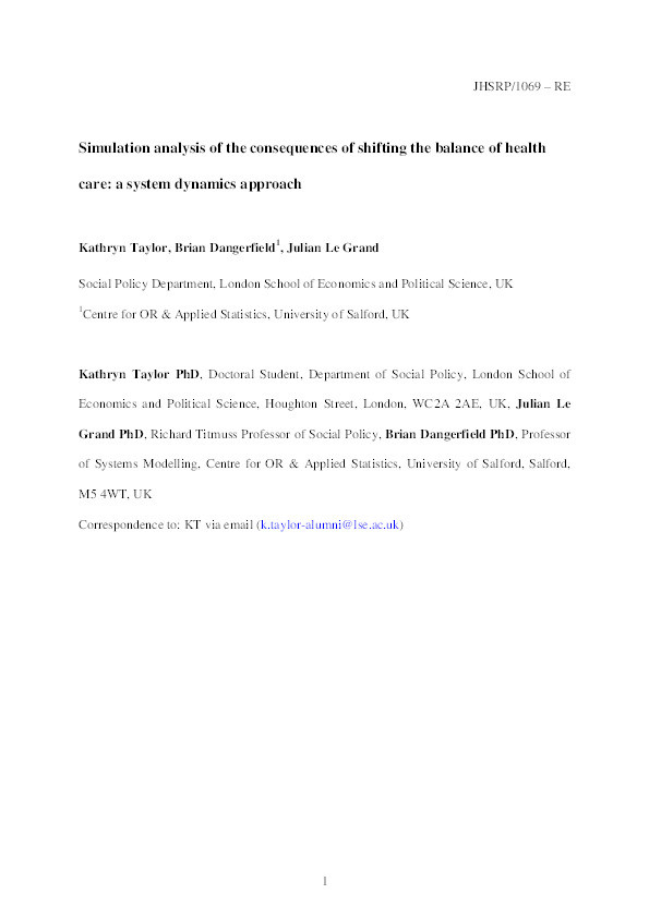 Simulation analysis of the consequences of shifting the balance of health care:  a system dynamics approach Thumbnail