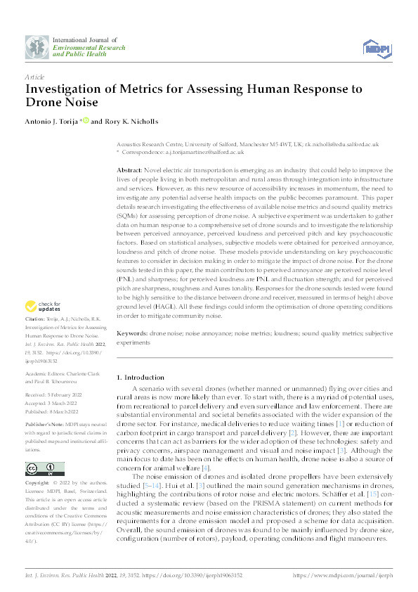 Investigation of metrics for assessing human response to drone noise Thumbnail