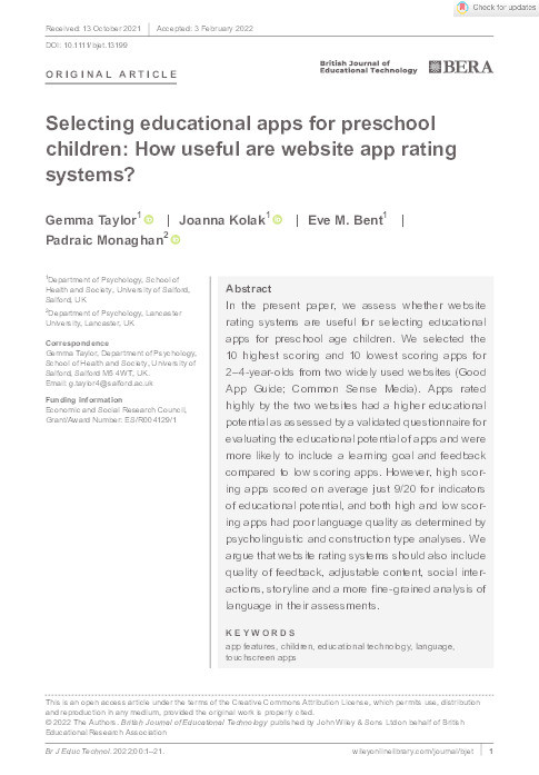 Selecting educational apps for preschool children : how useful are website app rating systems? Thumbnail