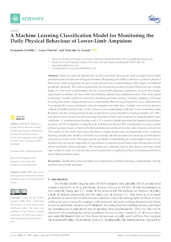 A machine learning classification model for monitoring the daily physical behaviour of lower-limb amputees Thumbnail