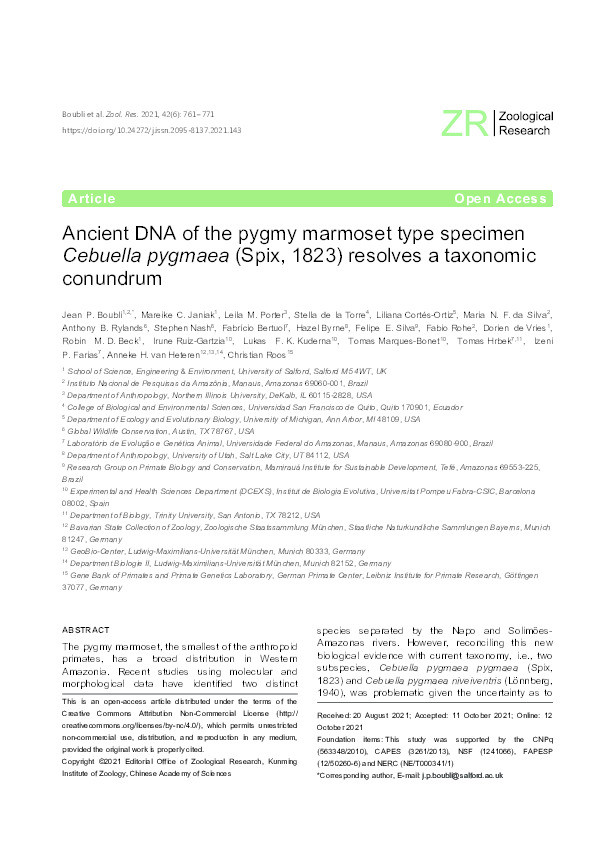 Ancient DNA of the pygmy marmoset type specimen Cebuella pygmaea (Spix, 1823) resolves a taxonomic conundrum Thumbnail