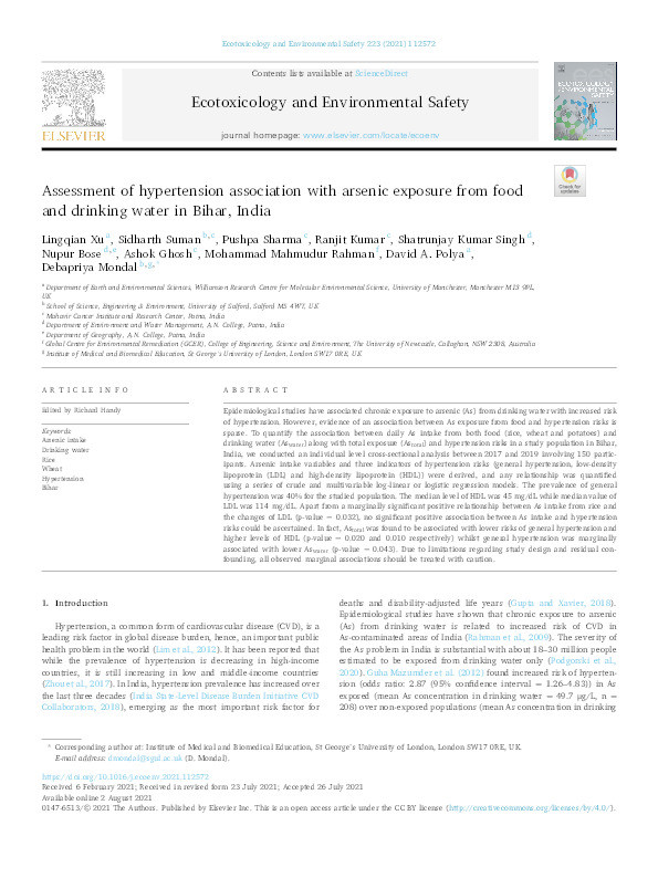 Assessment of hypertension association with arsenic exposure from food and drinking water in Bihar, India Thumbnail