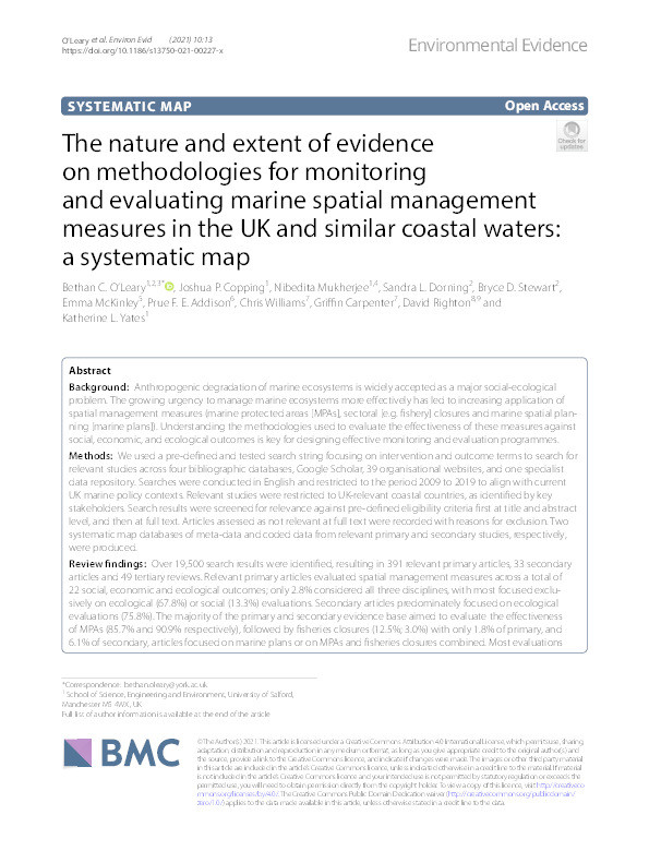 The nature and extent of evidence on methodologies for monitoring and evaluating marine spatial management measures in the UK and similar coastal waters: a systematic map Thumbnail