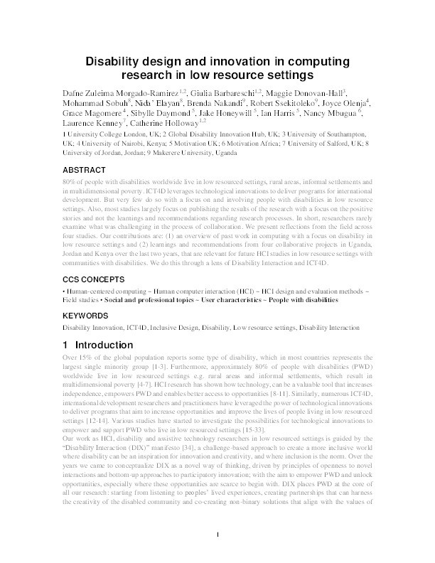 Disability design and innovation in computing research in low resource settings Thumbnail