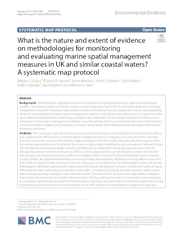 What is the nature and extent of evidence on methodologies for monitoring and evaluating marine spatial management measures in UK and similar coastal waters? A systematic map protocol Thumbnail