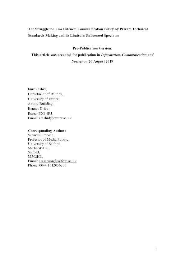 The struggle for co-existence : communication policy by private technical standards making and its limits in unlicensed spectrum Thumbnail