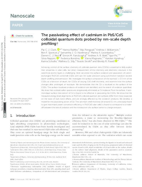 The passivating effect of cadmium in PbS/CdS colloidal quantum dots probed by nm-scale depth profiling Thumbnail