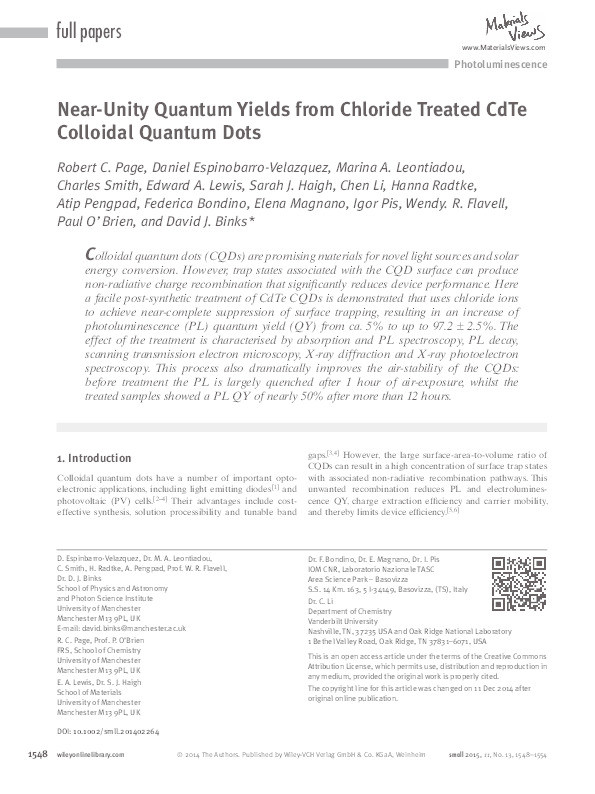 Near-unity quantum yields from chloride treated CdTe colloidal quantum dots Thumbnail