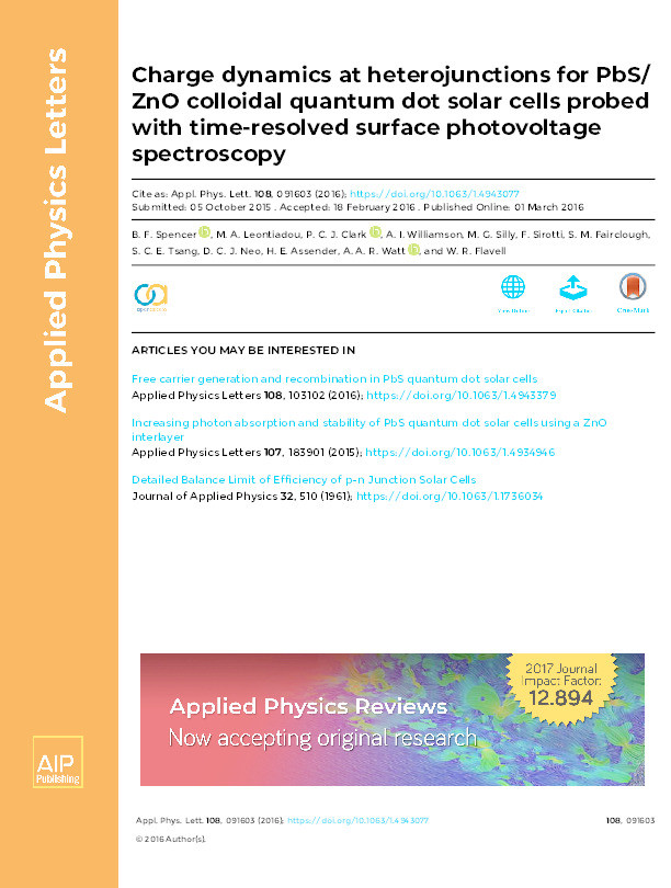 Charge dynamics at heterojunctions for PbS/ZnO colloidal quantum dot solar cells probed with time-resolved surface photovoltage spectroscopy Thumbnail