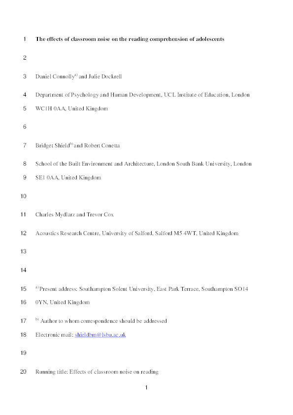 The effects of classroom noise on the reading comprehension of adolescents Thumbnail