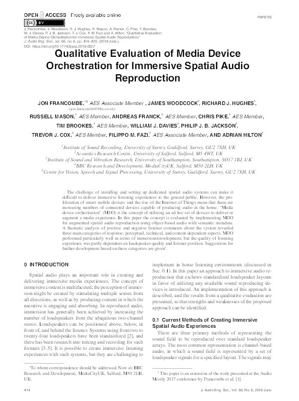 Qualitative evaluation of media device orchestration for immersive spatial audio reproduction Thumbnail