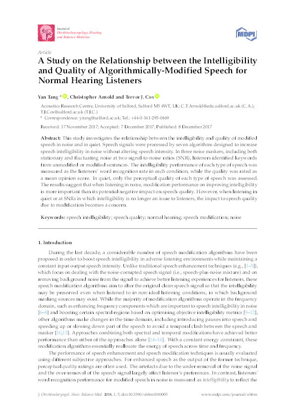 A study on the relationship between the intelligibility and quality of algorithmically-modified speech for normal hearing listeners Thumbnail