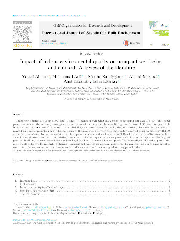 Impact of indoor environmental quality on occupant well-being and comfort : a review of the literature Thumbnail