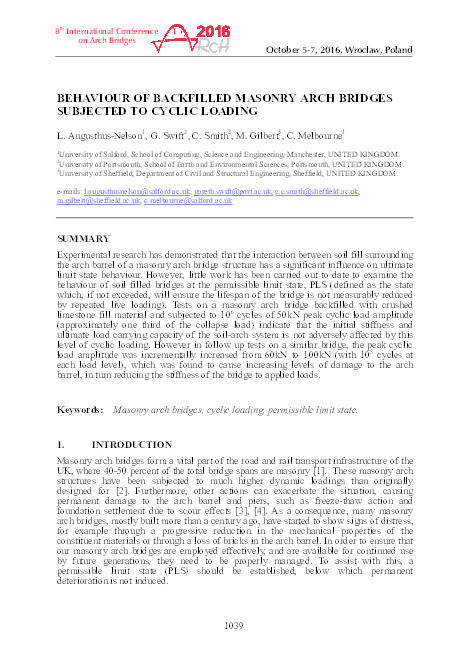 Behaviour of backfilled masonry arch bridges subjected to cyclic loading Thumbnail