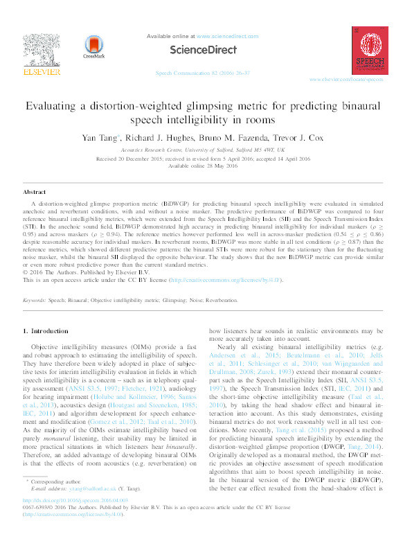 Evaluating a distortion-weighted glimpsing metric for predicting binaural speech intelligibility in rooms Thumbnail