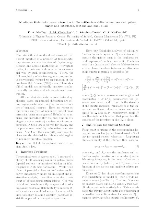 Nonlinear Helmholtz wave refraction & Goos-Hänchen shifts in nonparaxial optics : angles and interfaces, solitons and Snell's law Thumbnail