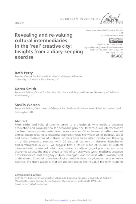Revealing and re-valuing cultural intermediaries in the 'real' creative city : insights from a diary-keeping exercise Thumbnail