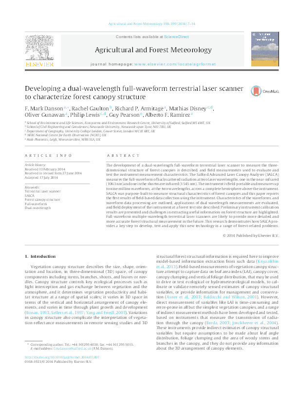 Developing a dual-wavelength full-waveform terrestrial laser scanner to characterise forest canopy structure Thumbnail