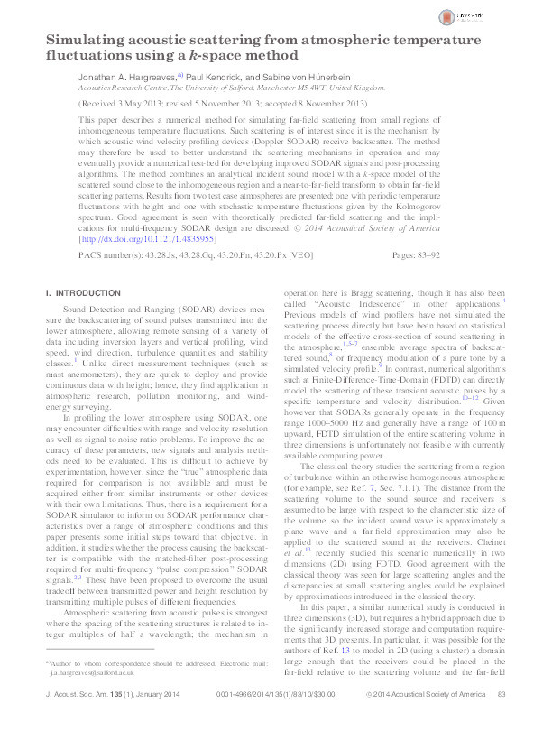 Simulating acoustic scattering from atmospheric temperature fluctuations using a k-space method Thumbnail