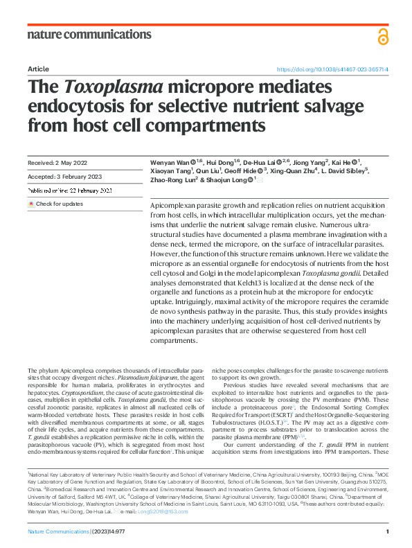 The Toxoplasma micropore mediates endocytosis for selective nutrient salvage from host cell compartments Thumbnail
