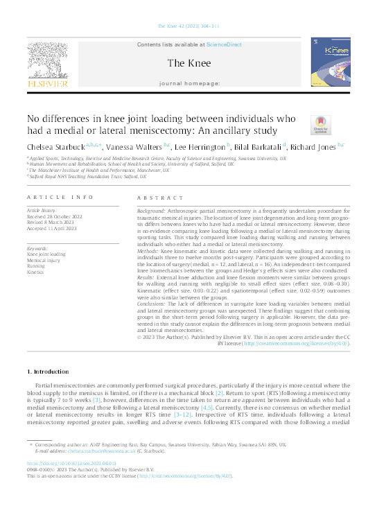 No differences in knee joint loading between individuals who had a medial or lateral meniscectomy: An ancillary study Thumbnail