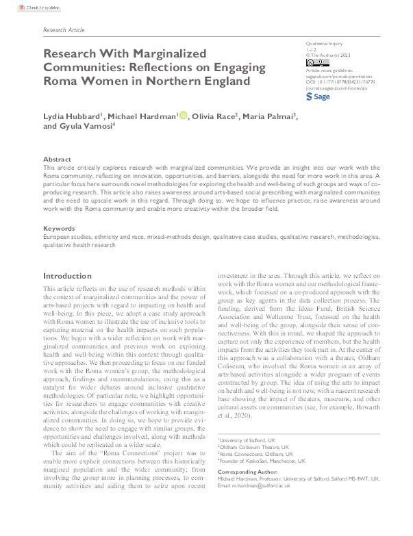 Research with marginalised communities: reflections onengaging Roma Women in Northern England Thumbnail