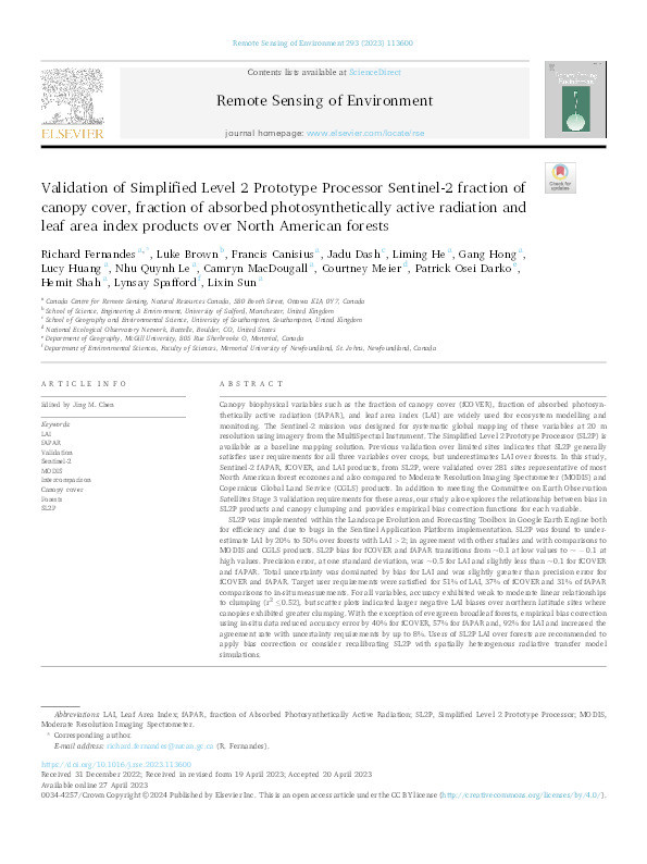 Validation of Simplified Level 2 Prototype Processor Sentinel-2 fraction of canopy cover, fraction of absorbed photosynthetically active radiation and leaf area index products over North American forests Thumbnail