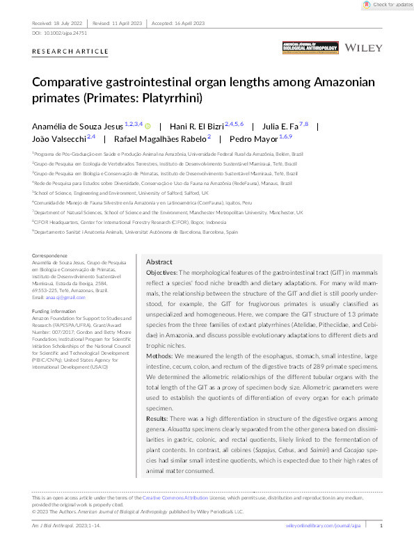 Comparative gastrointestinal organ lengths among Amazonian primates (Primates: Platyrrhini) Thumbnail