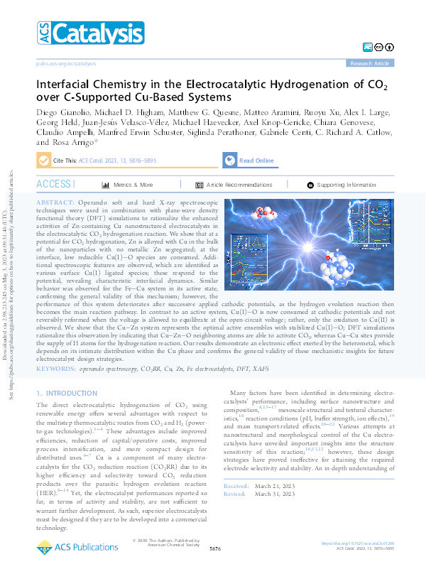 Interfacial chemistry in the electrocatalytic hydrogenation of CO2 over C-Supported Cu-Based systems Thumbnail