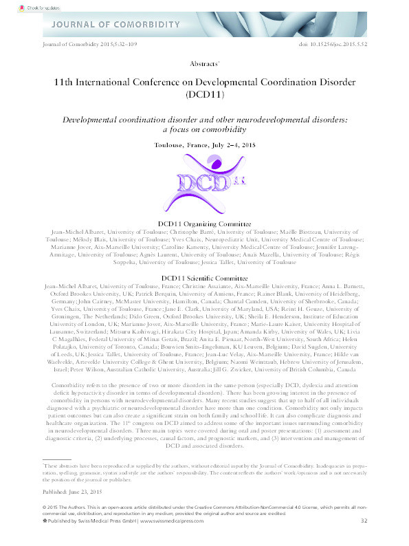 Abstracts: 11th International Conference on Developmental Coordination Disorder (DCD11) Developmental Coordination Disorder and other Neurodevelopmental Disorders: A Focus on Comorbidity Thumbnail