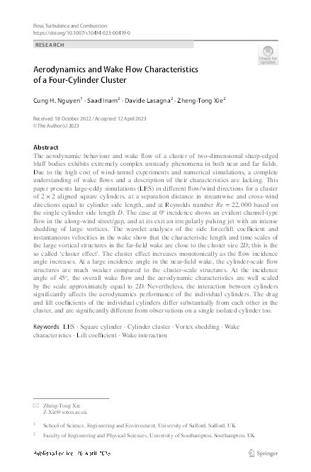 Aerodynamics and wake flow characteristics of a four-cylinder cluster Thumbnail