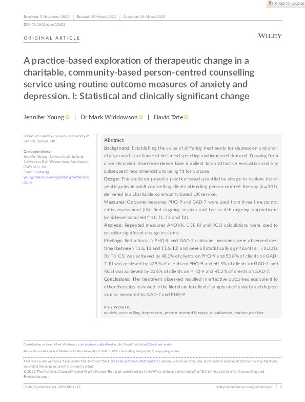A practice‐based exploration of therapeutic change in a charitable, community‐based person‐centred counselling service using routine outcome measures of anxiety and depression. I: Statistical and clinically significant change Thumbnail