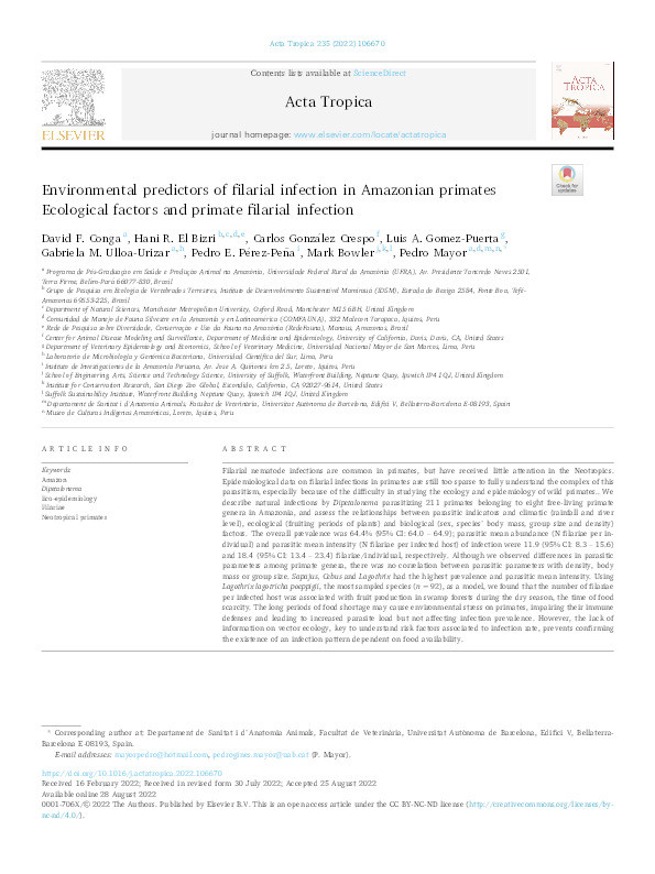 Environmental predictors of filarial infection in Amazonian primates: ecological factors and primate filarial infection Thumbnail