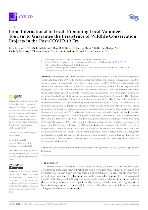 From international to local: promoting local volunteer tourism to guarantee the persistence of wildlife conservation projects in the post-covid-19 era Thumbnail