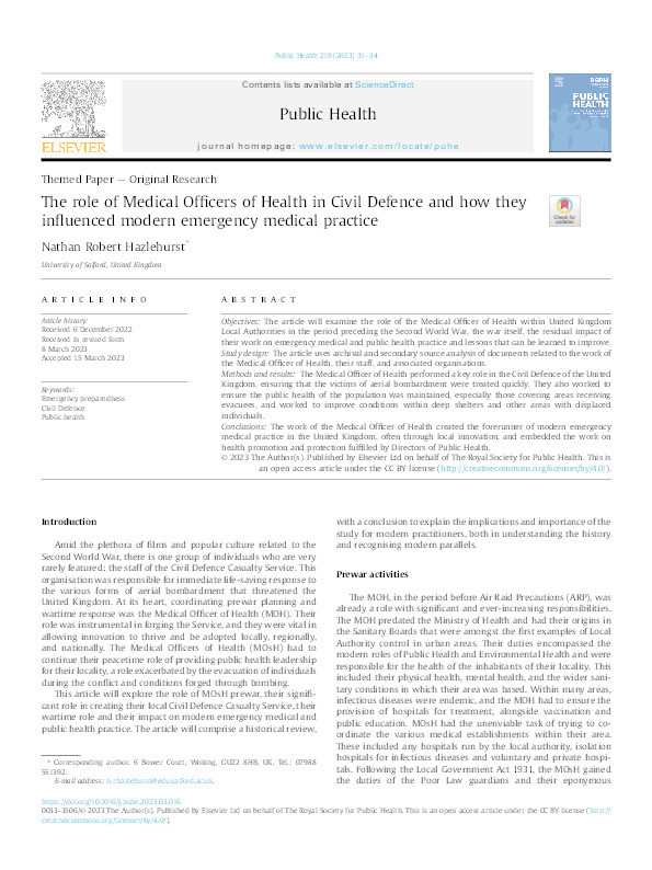 The role of medical officers of health in civil defence and how they influenced modern emergency medical practice Thumbnail