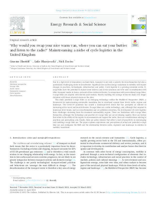 ‘Why would you swap your nice warm van, where you can eat your butties and listen to the radio?’ Mainstreaming a niche of cycle logistics in the United Kingdom Thumbnail