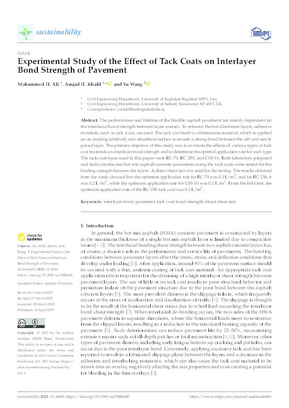 Experimental study of the effect of tack coats on interlayer bond strength of pavement Thumbnail