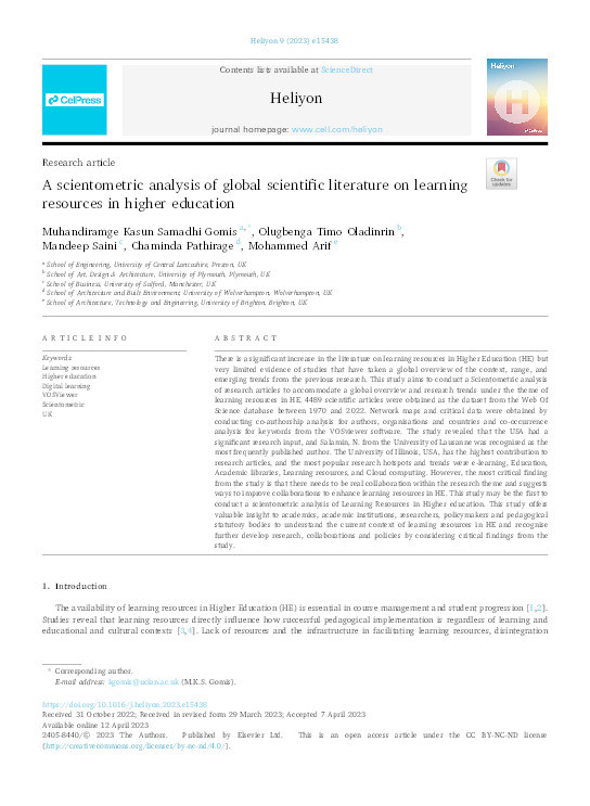 A scientometric analysis of global scientific literature on learning resources in higher education Thumbnail