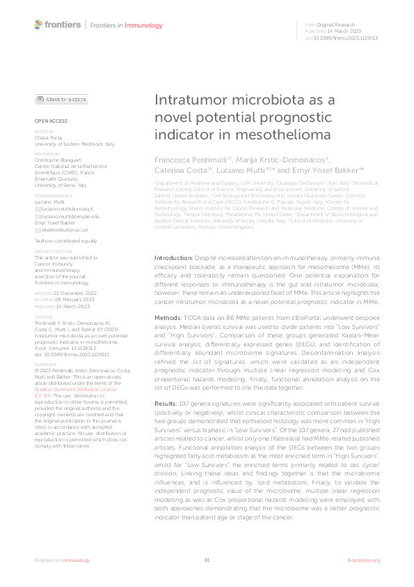 Intratumor microbiota as a novel potential prognostic indicator in mesothelioma Thumbnail