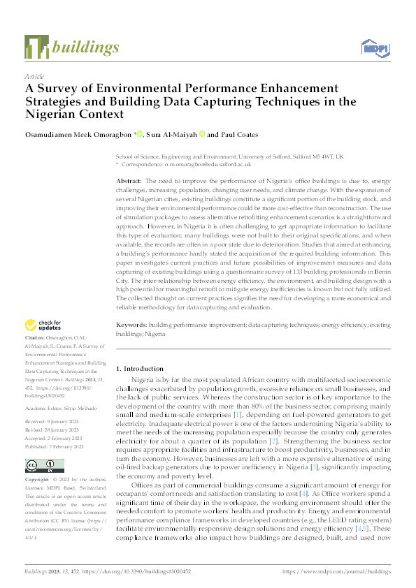 A survey of environmental performance enhancement
strategies and building data capturing techniques in the
Nigerian context Thumbnail