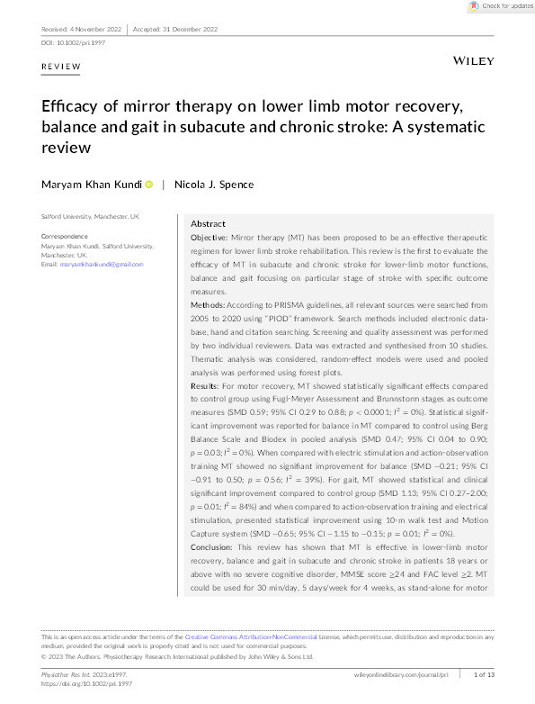 Efficacy of mirror therapy on lower limb motor recovery, balance and gait in subacute and chronic stroke: a systematic review Thumbnail