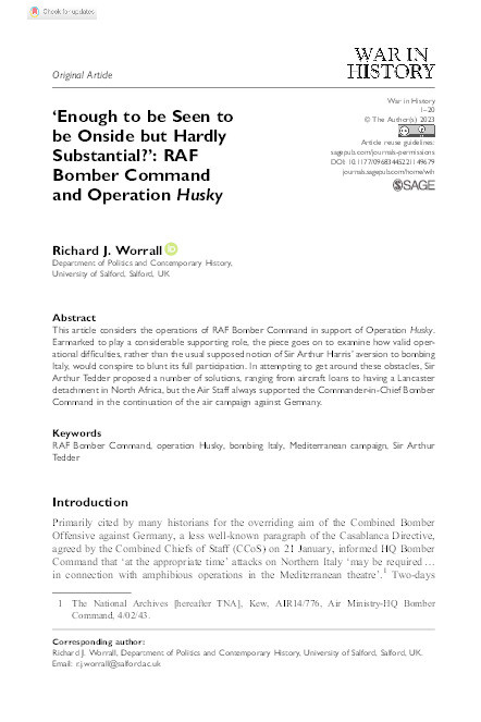 ‘Enough to be Seen to be Onside but Hardly Substantial?’: RAF Bomber Command and Operation Husky Thumbnail