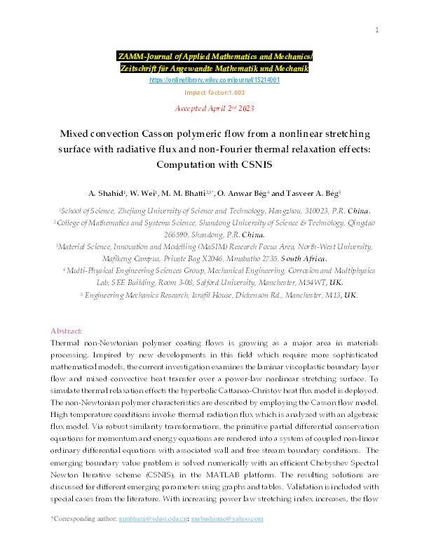 Mixed convection Casson polymeric flow from a nonlinear stretching surface with radiative flux and non‐Fourier thermal relaxation effects: Computation with CSNIS Thumbnail