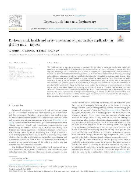 Environmental, health and safety assessment of nanoparticle application in drilling mud – review Thumbnail