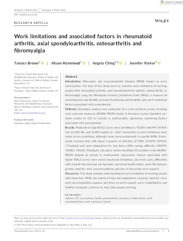 Work limitations and associated factors in rheumatoid arthritis, axial spondyloarthritis, osteoarthritis and fibromyalgia Thumbnail