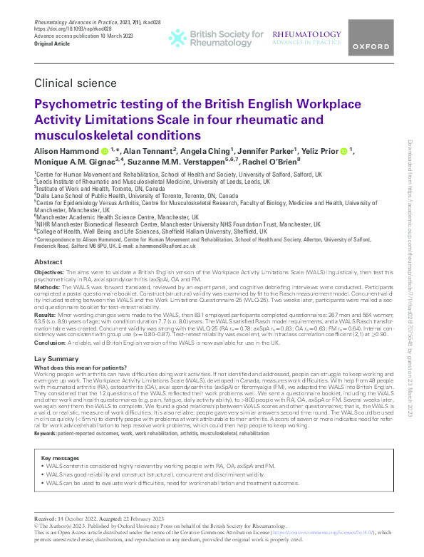 Psychometric testing of the British English Workplace Activity Limitations Scale in four rheumatic and musculoskeletal conditions Thumbnail