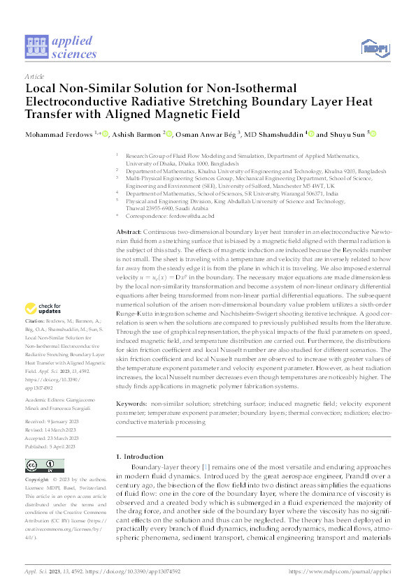 Local non-similar solution for non-isothermal electro-conductive radiative stretching boundary layer heat transfer with aligned magnetic field Thumbnail