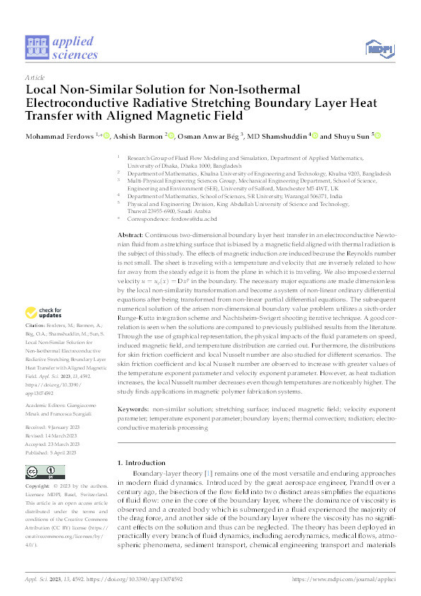 Local non-similar solution for non-isothermal electro-conductive radiative stretching boundary layer heat transfer with aligned magnetic field Thumbnail