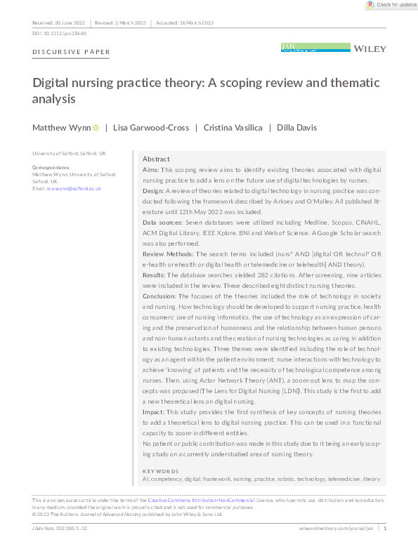 Digital nursing practice theory: A scoping review and thematic analysis Thumbnail